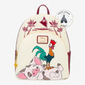 Mini sac à dos Once Upon Magic en similicuir crème avec Hei Hei et Pua de Vaiana, voilier et palmiers. Accents bordeaux.