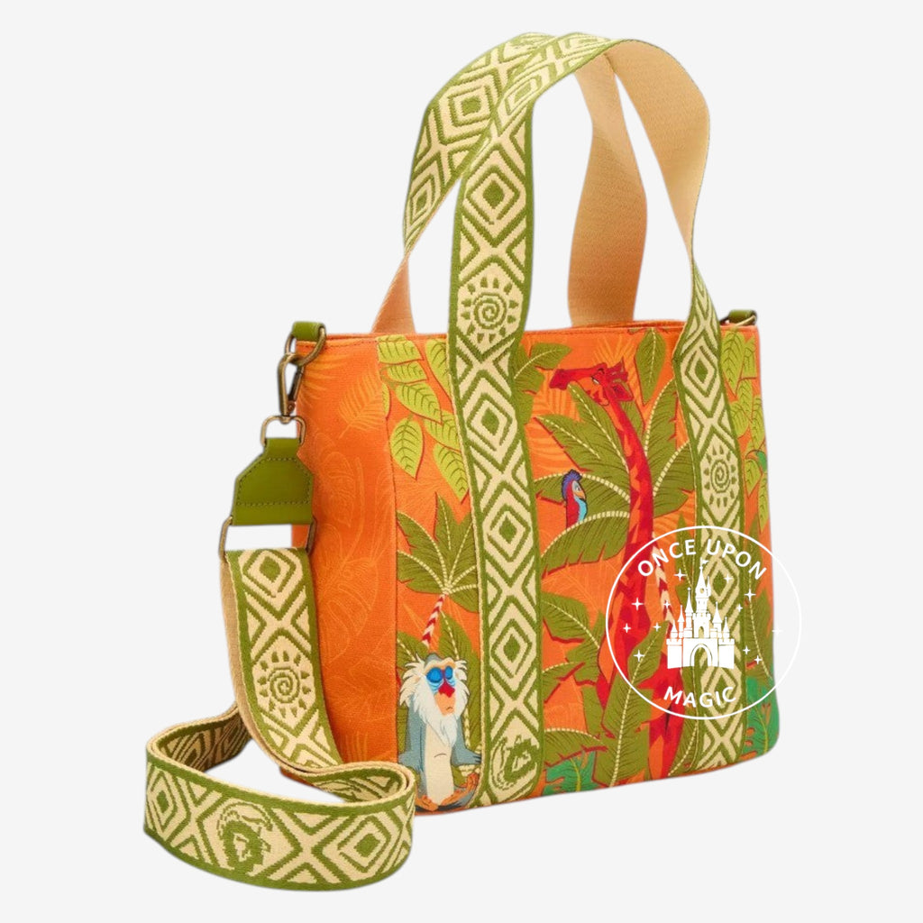 Sac fourre-tout Once Upon Magic Le Roi Lion orange avec illustration jungle, Simba, girafe et perroquet. Bandoulière réglable.