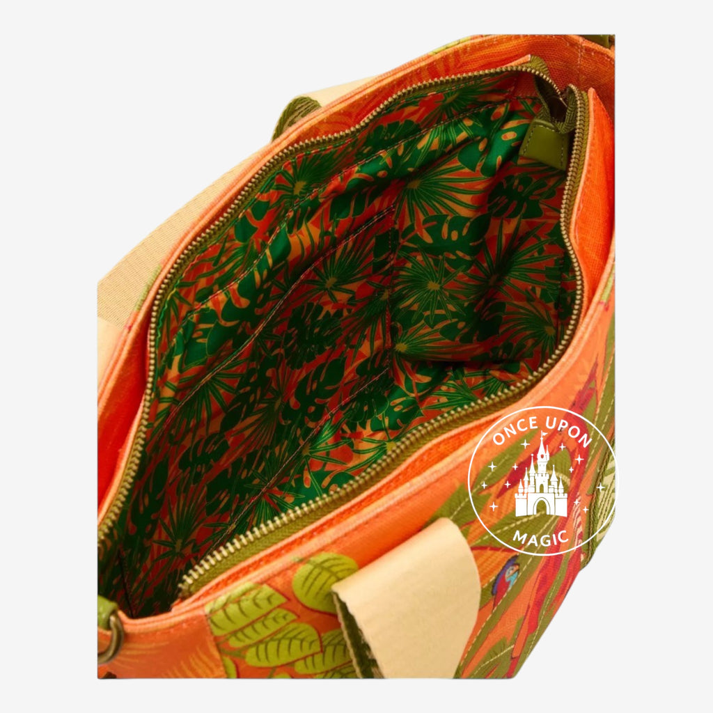 Sac fourre-tout Once Upon Magic Le Roi Lion, orange avec motif jungle tropical et perroquets. Intérieur doublé vert avec poches.