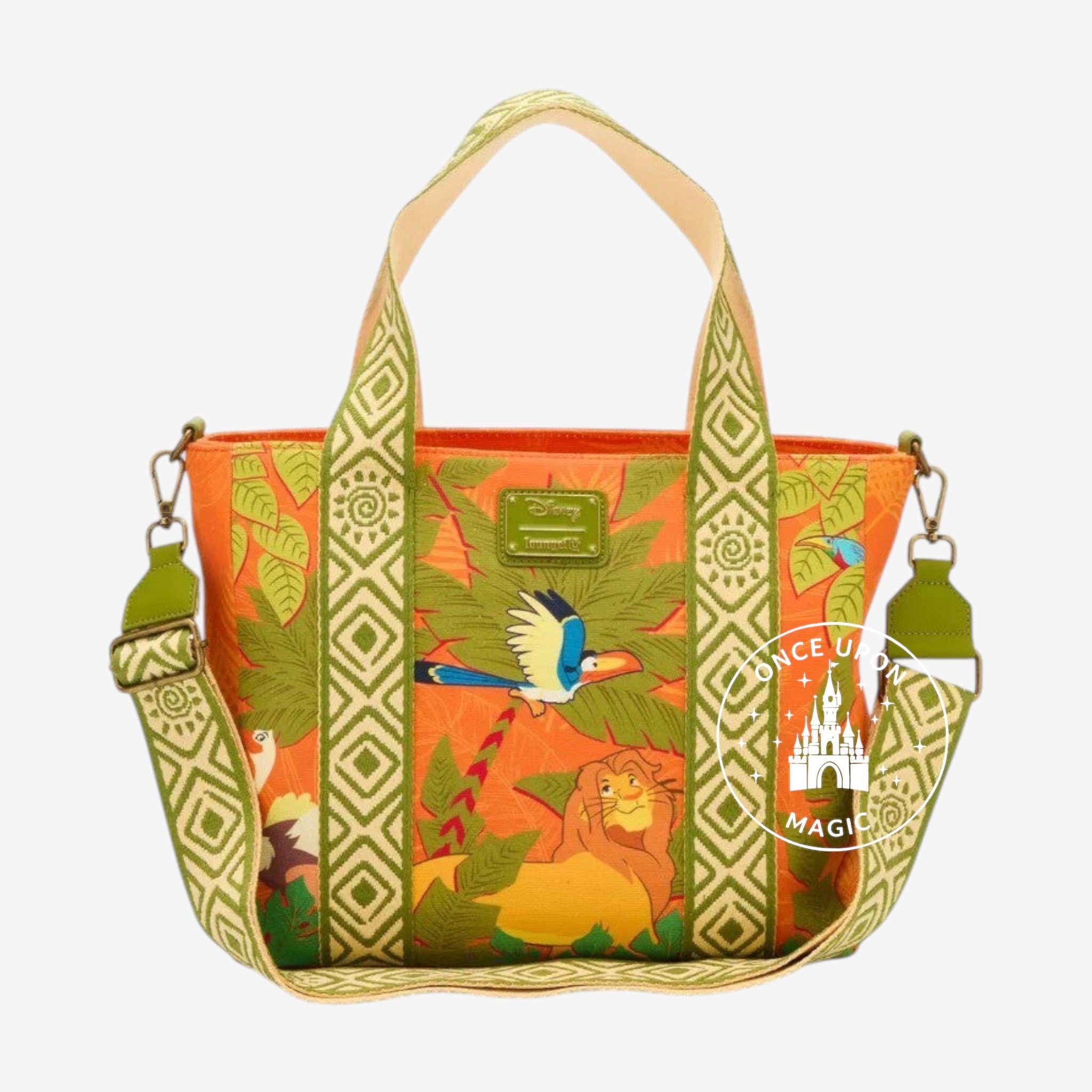 Sac fourre-tout Once Upon Magic Le Roi Lion Jungle Adventure orange avec Simba, Zazu et Rafiki, motifs tropicaux, poignées et bandoulière réglable.