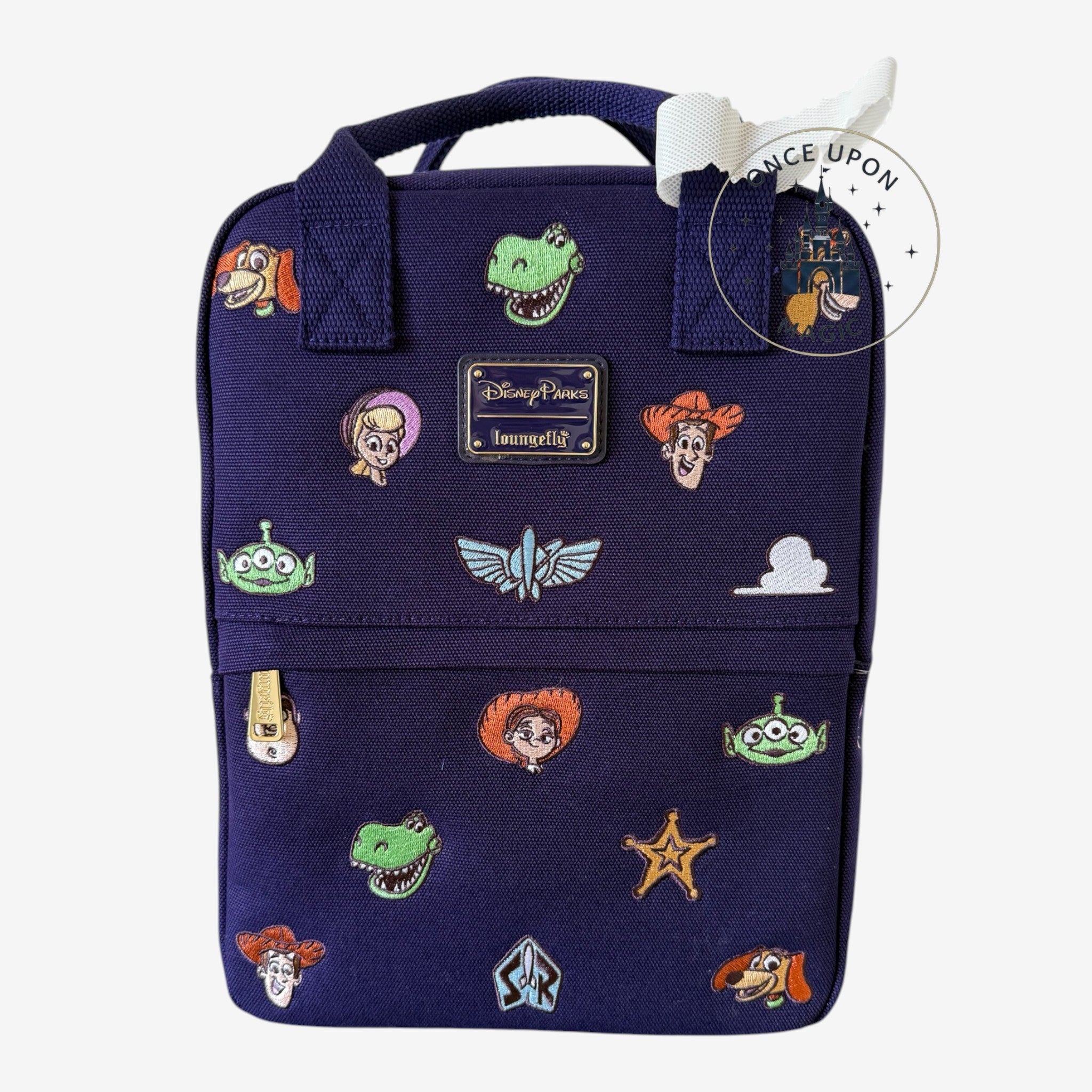 Mini sac à dos Loungefly Disney Toy Story bleu nuit en toile avec broderies de personnages et fermeture éclair dorée.