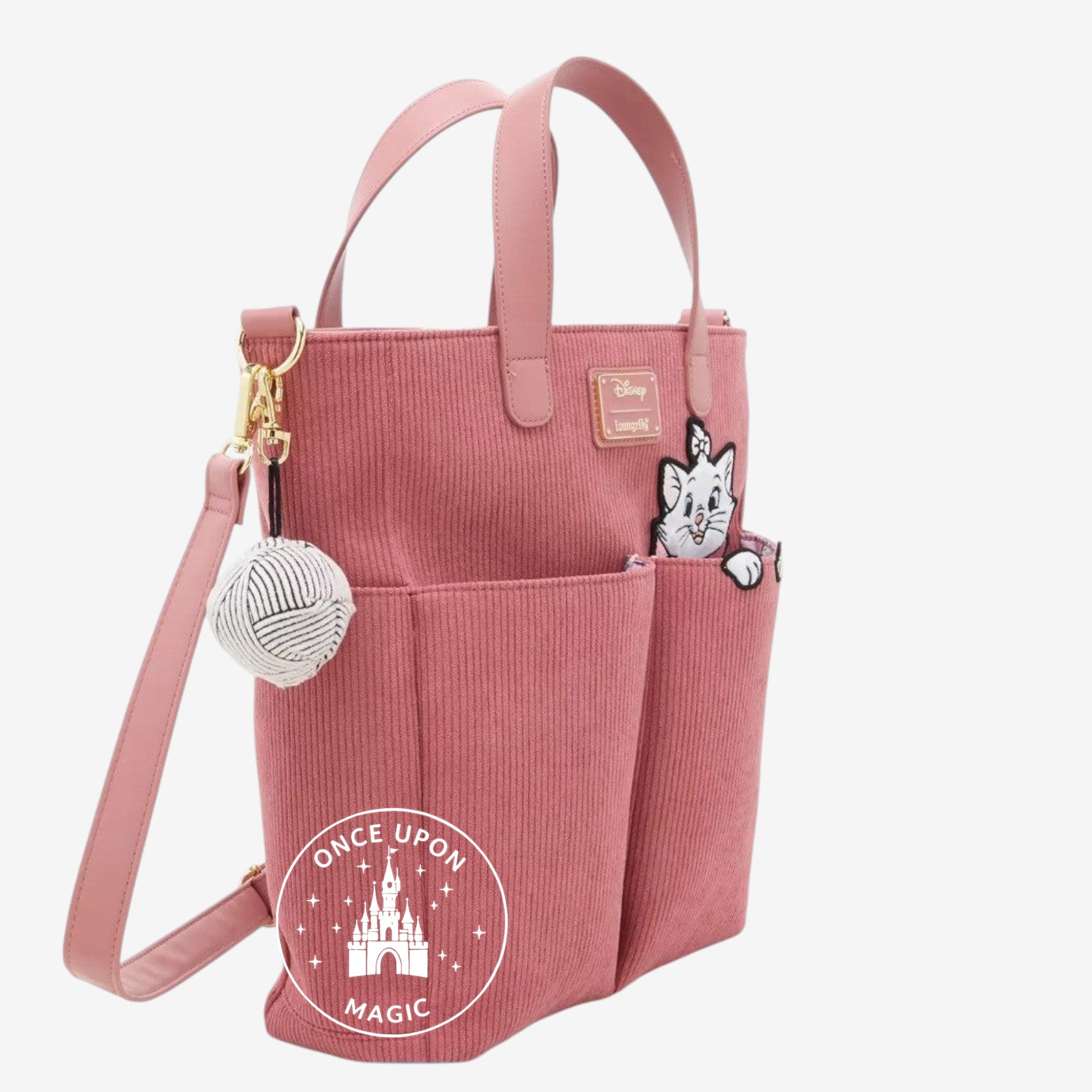 Sac tote rose poudré Once Upon Magic en velours côtelé avec application Marie des Aristochats et pompon pelote de laine.