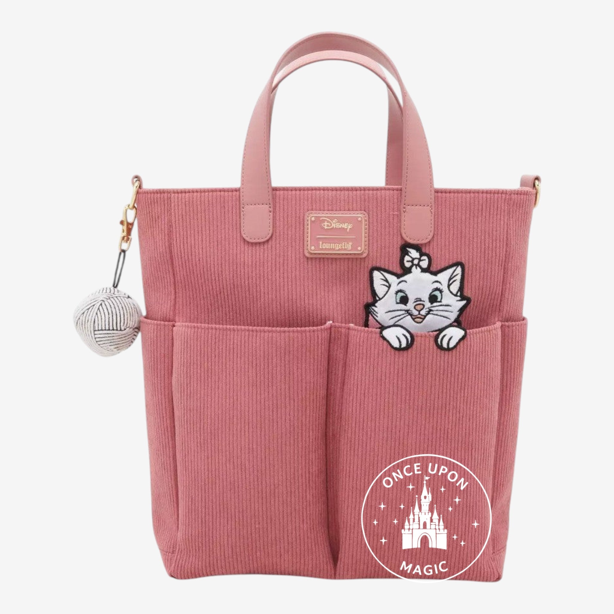 Sac tote rose poudré Once Upon Magic en velours côtelé avec application Marie des Aristochats et pelote de laine.