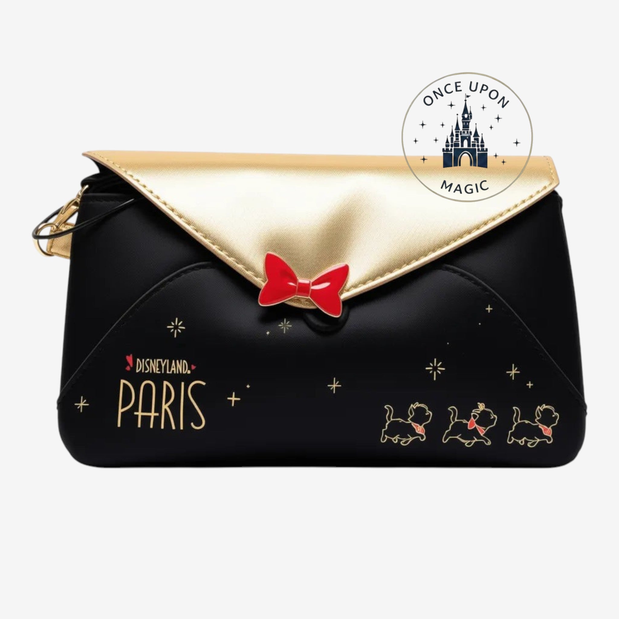 Petite sacoche noire et dorée Once Upon Magic avec un nœud rouge et des motifs des Aristochats, idéale pour Paris.