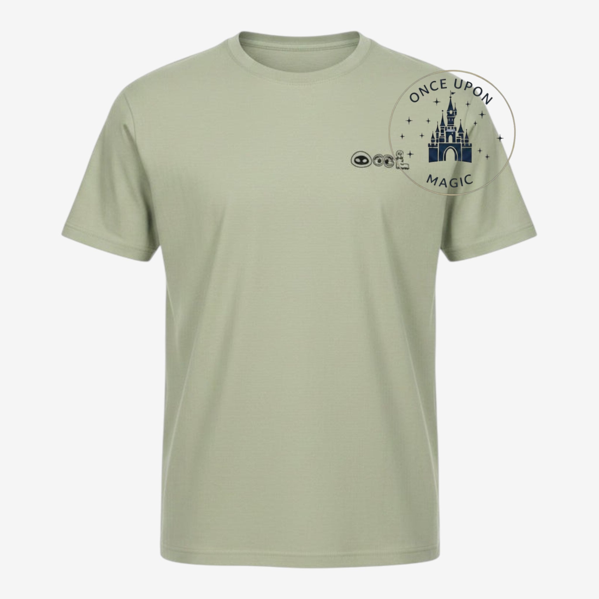 Once Upon Magic sage green Wall-E and Eve t-shirt worn by a woman at Disneyland Paris