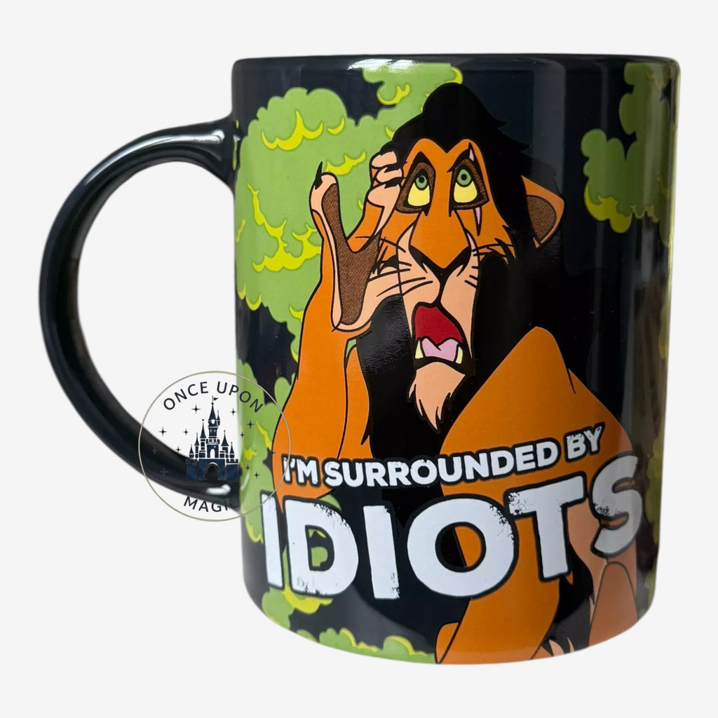 Once Upon Magic Disney Lion King mug featuring Scar with the quote I’m Surrounded by Idiots in black and green