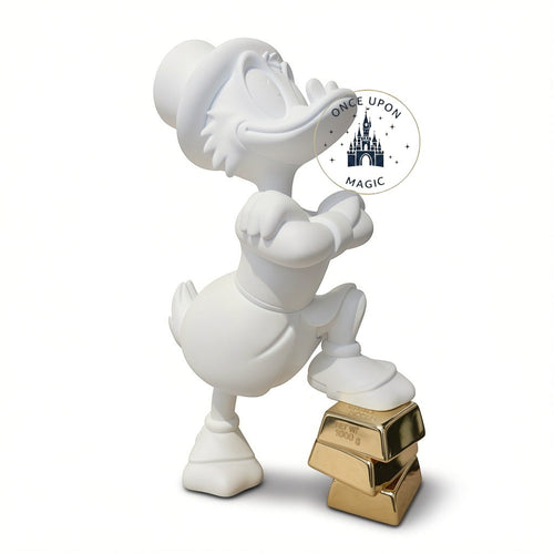 Once Upon Magic white Scrooge McDuck collector sculpture by Leblon Delienne standing on gold bars