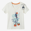Once Upon Magic off-white V-neck t-shirt featuring a playful seagull graphic print and orange inner neckline trim.