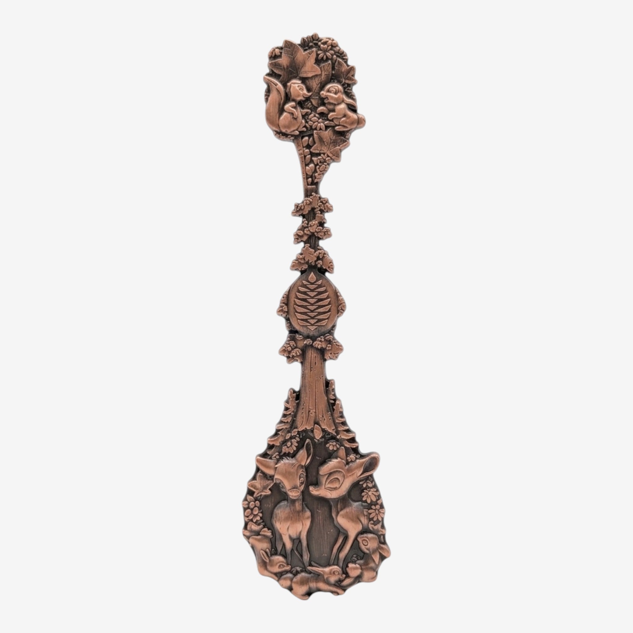 Once Upon Magic Sequoia Lodge Bambi collector spoon with copper finish, featuring Bambi, Thumper, and forest motifs.