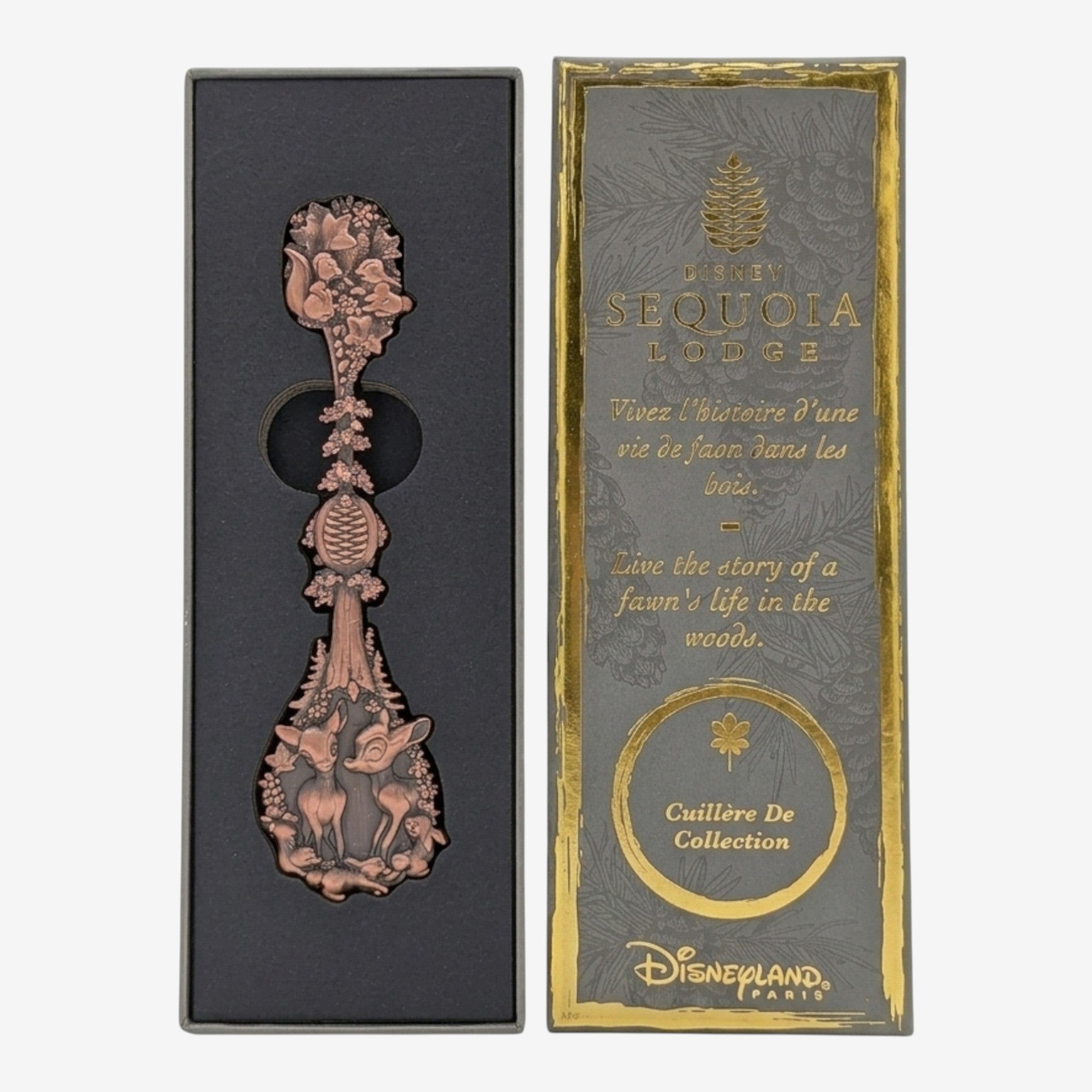 Once Upon Magic Sequoia Lodge Bambi collector spoon in aged copper metal with pinecone and leaf details, featuring Bambi and Thumper. Comes in a decorative box.