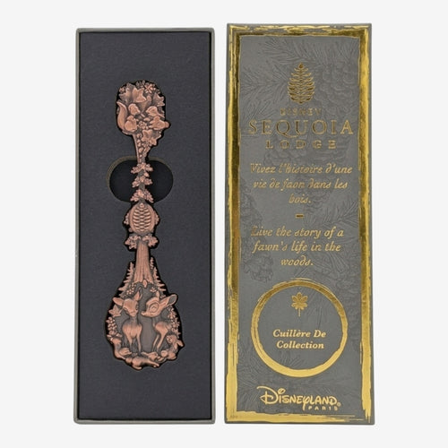 Once Upon Magic Sequoia Lodge Bambi collector spoon in aged copper metal with pinecone and leaf details, featuring Bambi and Thumper. Comes in a decorative box.