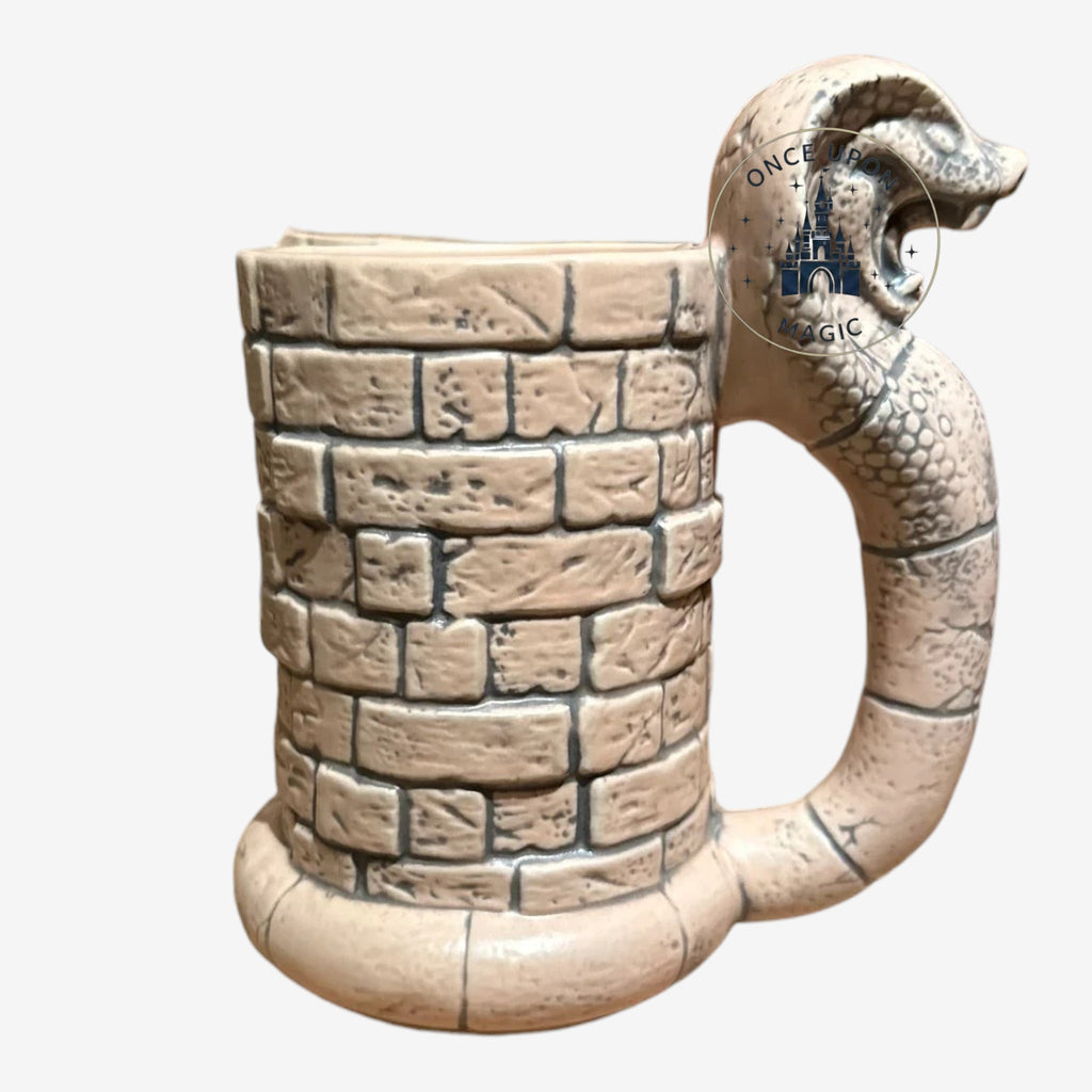 Once Upon Magic Serpent Handle Mug, stone brick texture, cobra handle, adventure film inspired drinkware.