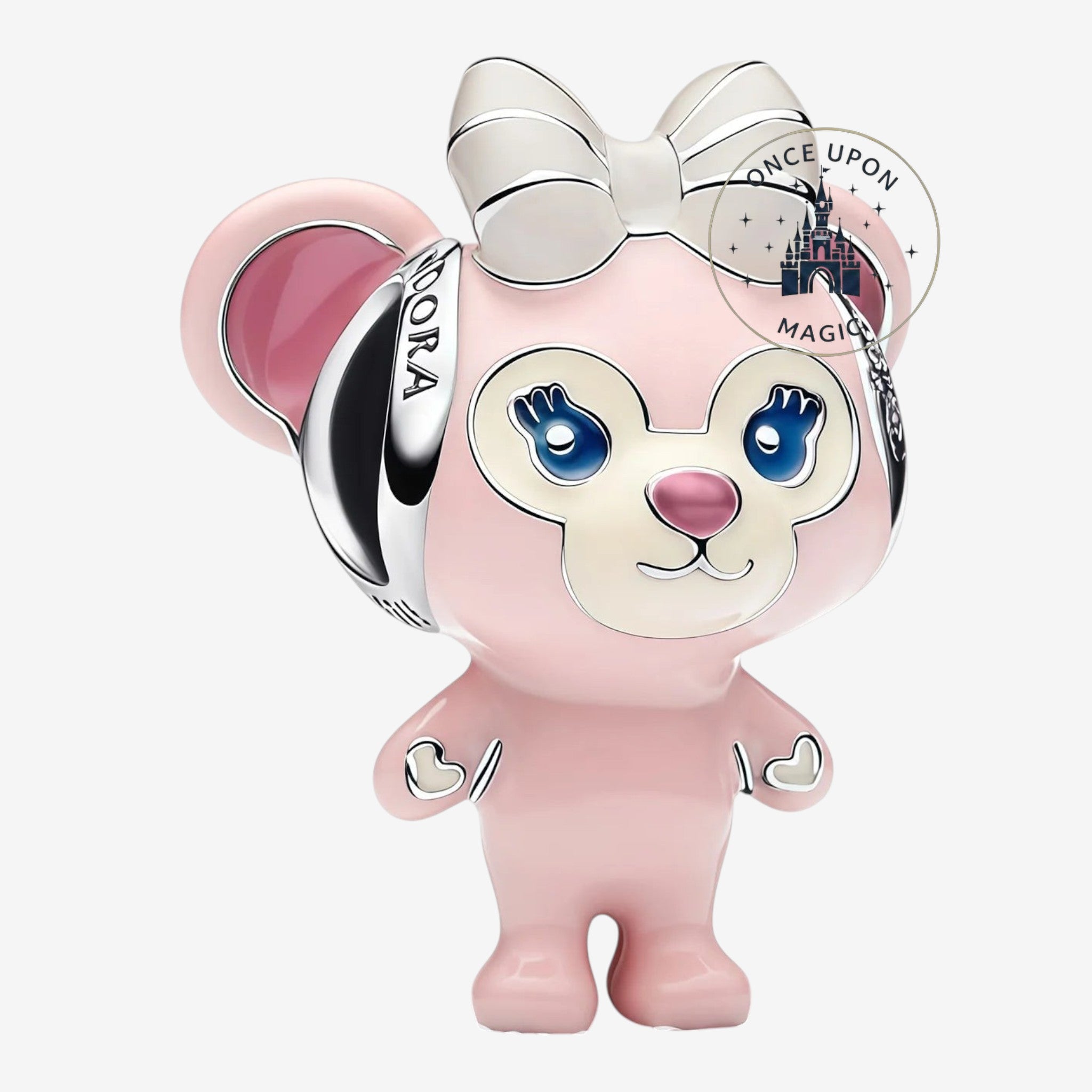 Once Upon Magic Shelliemay charm, a pink Disney bear with blue eyes and a white bow, made of metal and enamel.