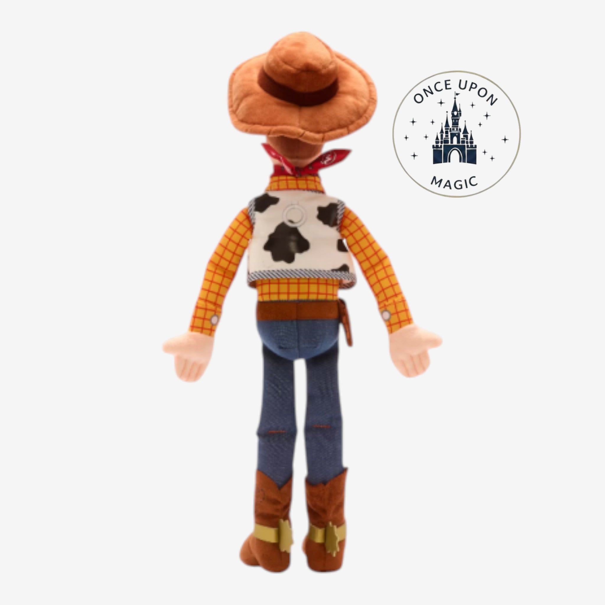 Once Upon Magic Sheriff Woody plush doll from Toy Story, shown from the back wearing a cow-print vest and cowboy hat.