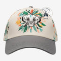 Once Upon Magic Simba baseball cap with cream crown, grey brim, and colorful tropical leaf embroidery