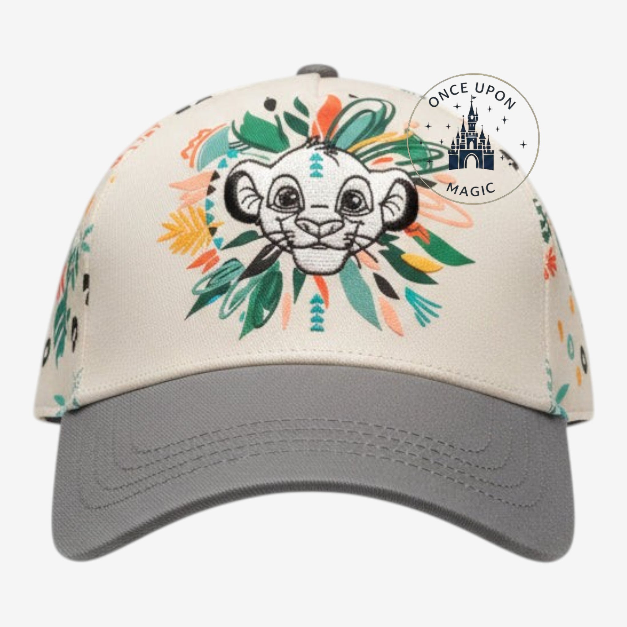 Once Upon Magic Simba baseball cap with cream crown, grey brim, and colorful tropical leaf embroidery