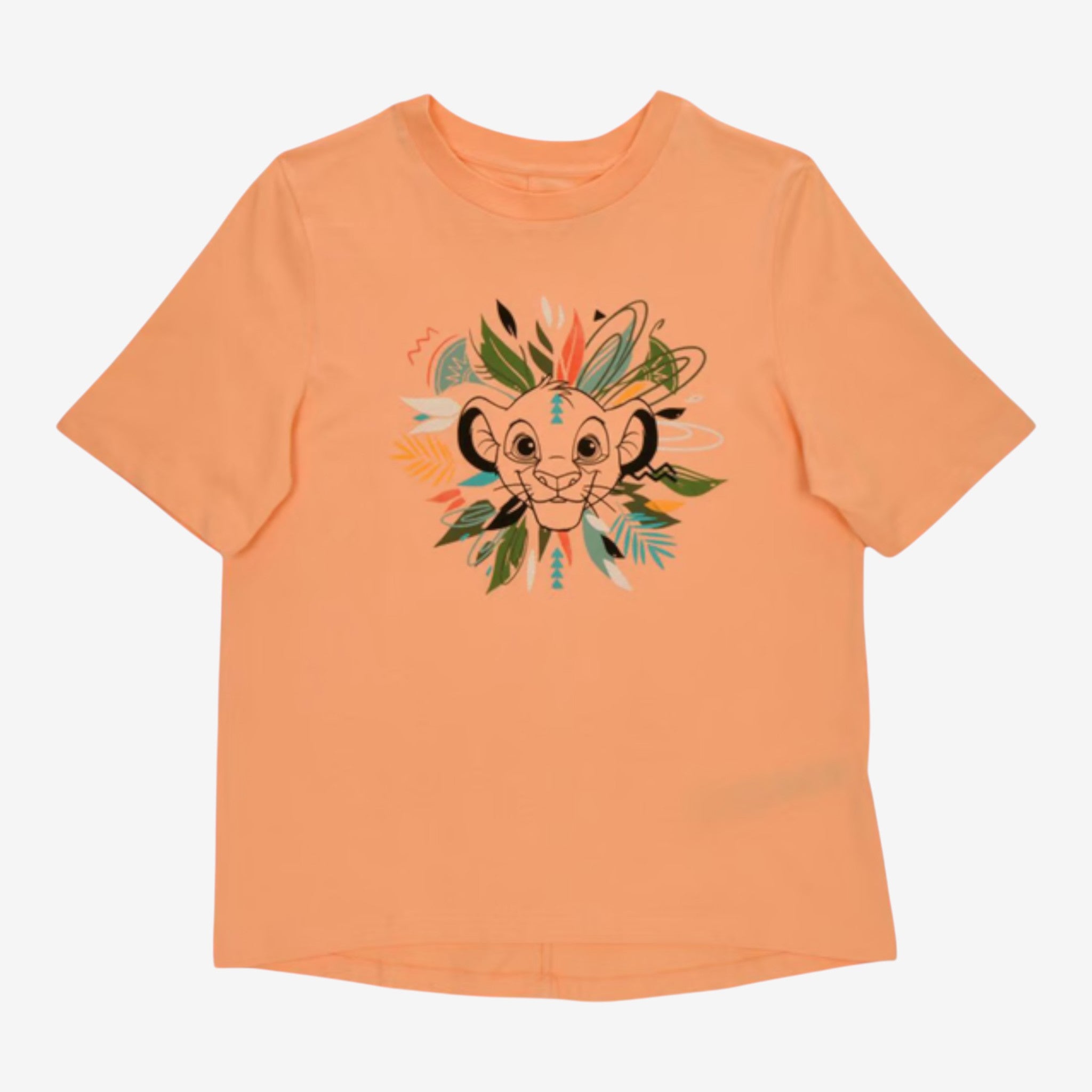 Once Upon Magic orange cotton t-shirt with a graphic of Simba from The Lion King surrounded by colorful leaves and tribal patterns.