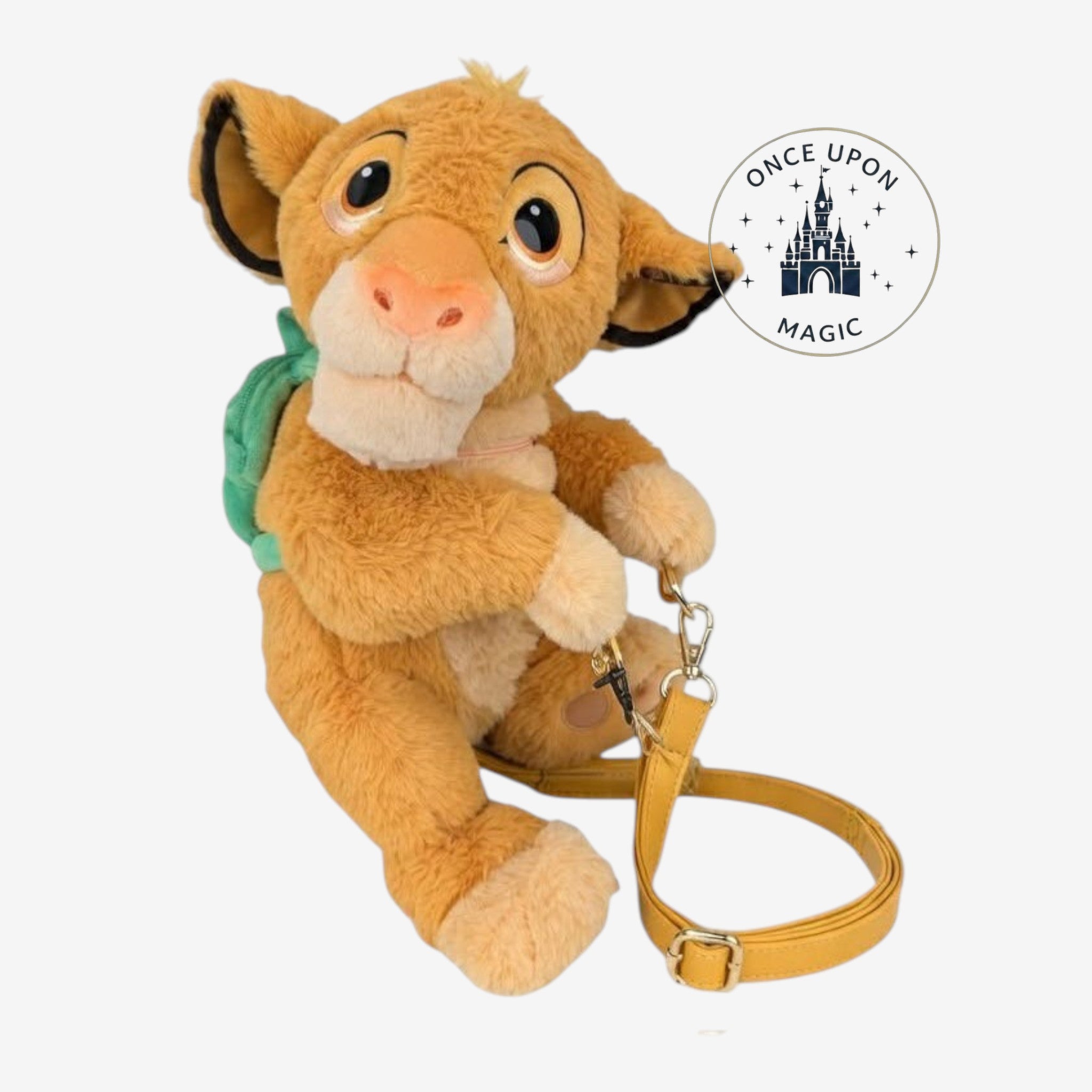 Once Upon Magic Simba plush crossbody bag with large expressive eyes, soft golden fur, and adjustable yellow strap.