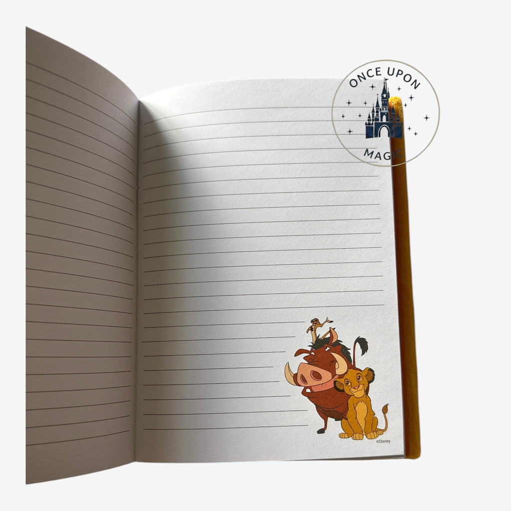 Once Upon Magic Simba and Pumbaa lined journal with Disney characters.