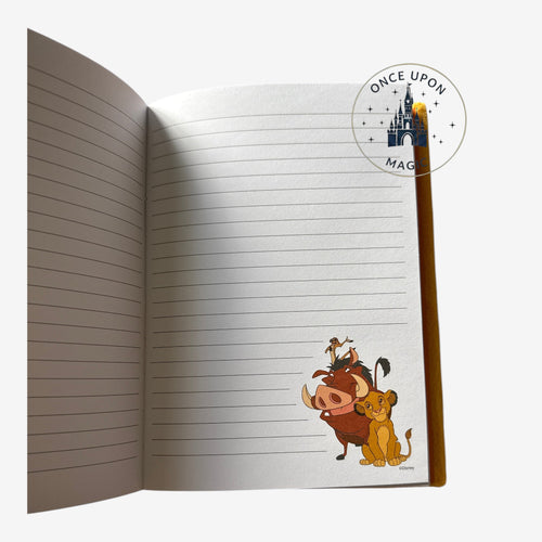 Once Upon Magic Simba and Pumbaa lined journal with Disney characters.