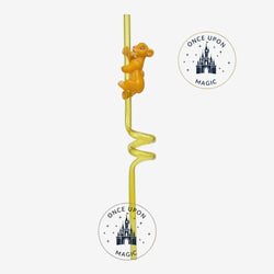 Once Upon Magic yellow translucent spiral reusable straw with a Simba figurine climbing it.