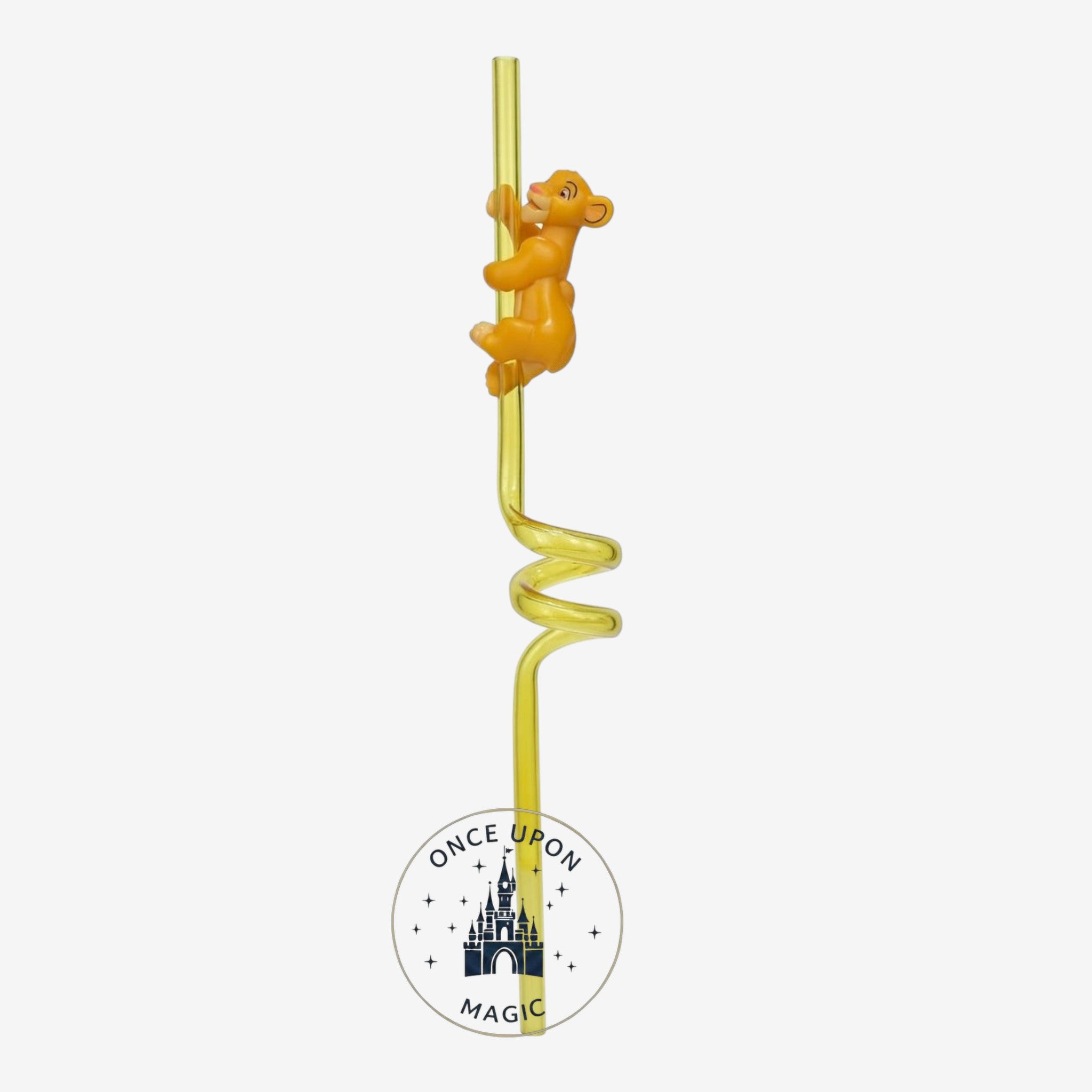 Once Upon Magic yellow translucent spiral reusable straw with a Simba figurine climbing it.