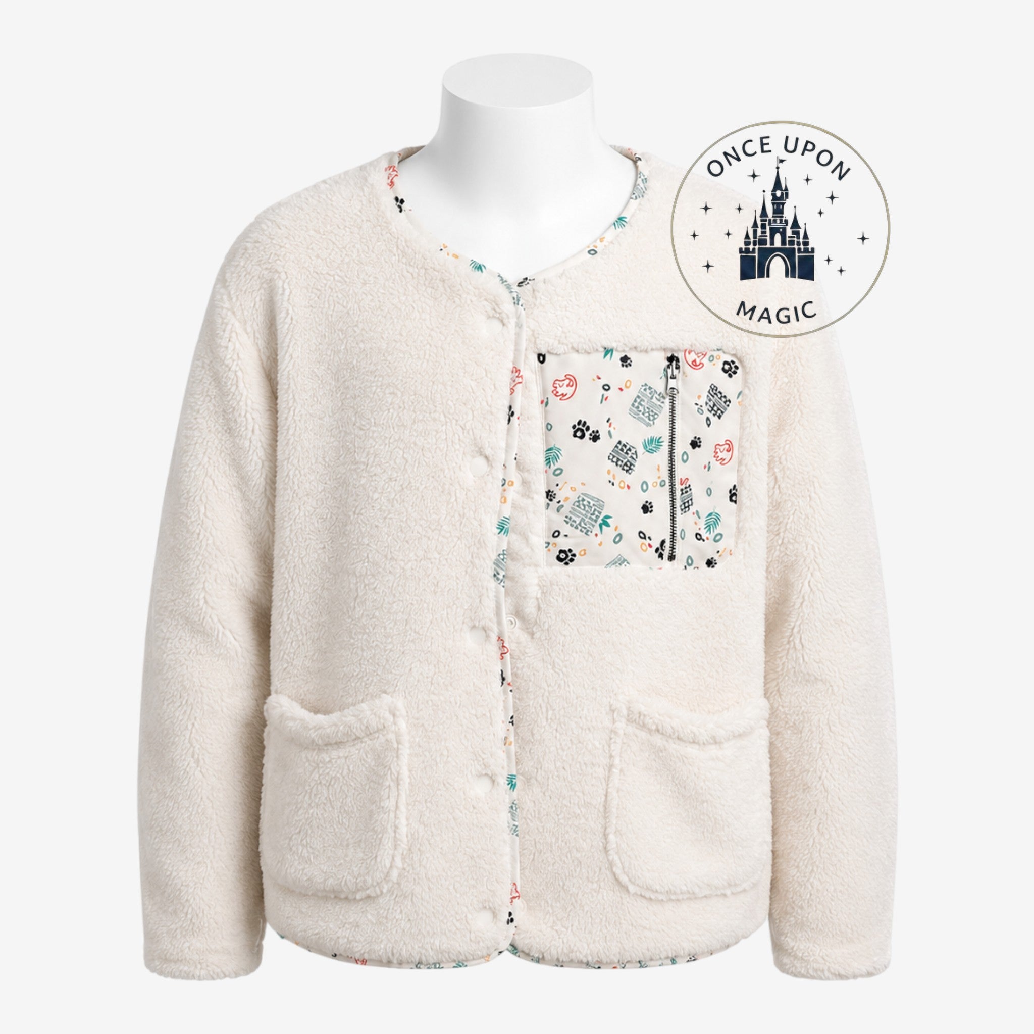 Once Upon Magic cream sherpa jacket featuring Simba jungle print pocket and trim, official Disney Lion King design.