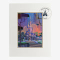Once Upon Magic Sleeping Beauty Castle lithograph print with vibrant purple and orange sunset sky.