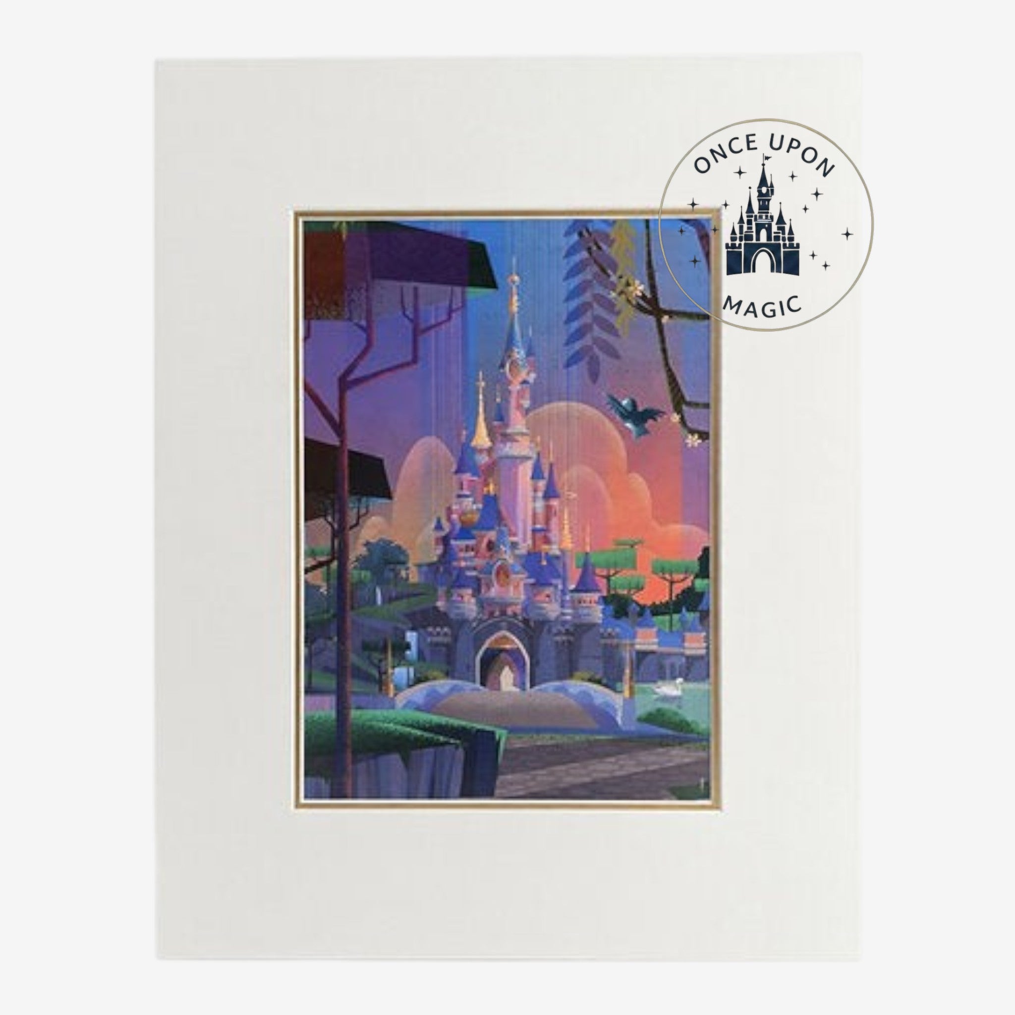 Once Upon Magic Sleeping Beauty Castle lithograph print with vibrant purple and orange sunset sky.