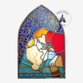 Once Upon Magic Sleeping Beauty stained glass collector pin featuring Aurora and Prince Phillip with gold filigree.