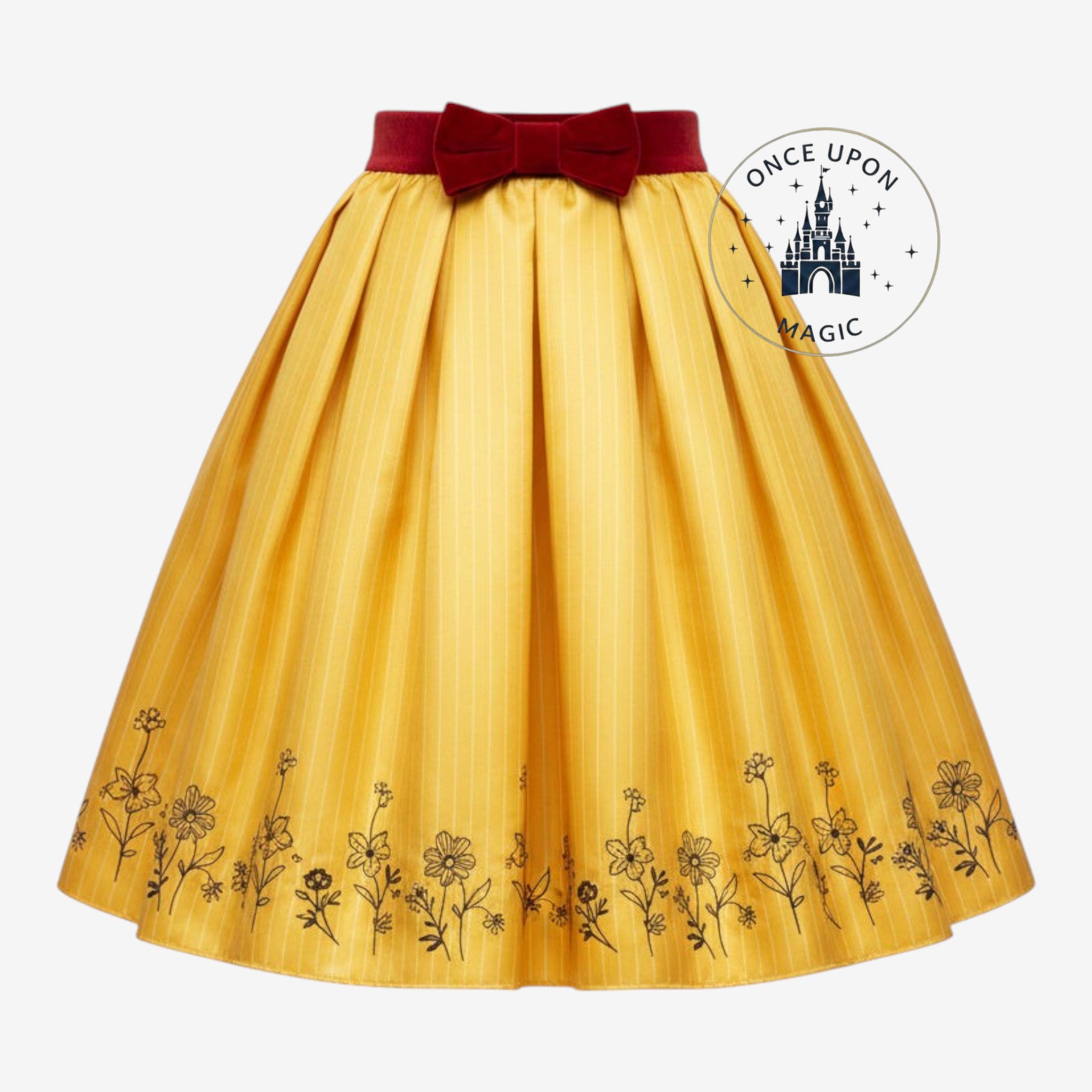 Once Upon Magic Snow White themed yellow striped skirt with a red belt and apple embroidery detail on the hem.