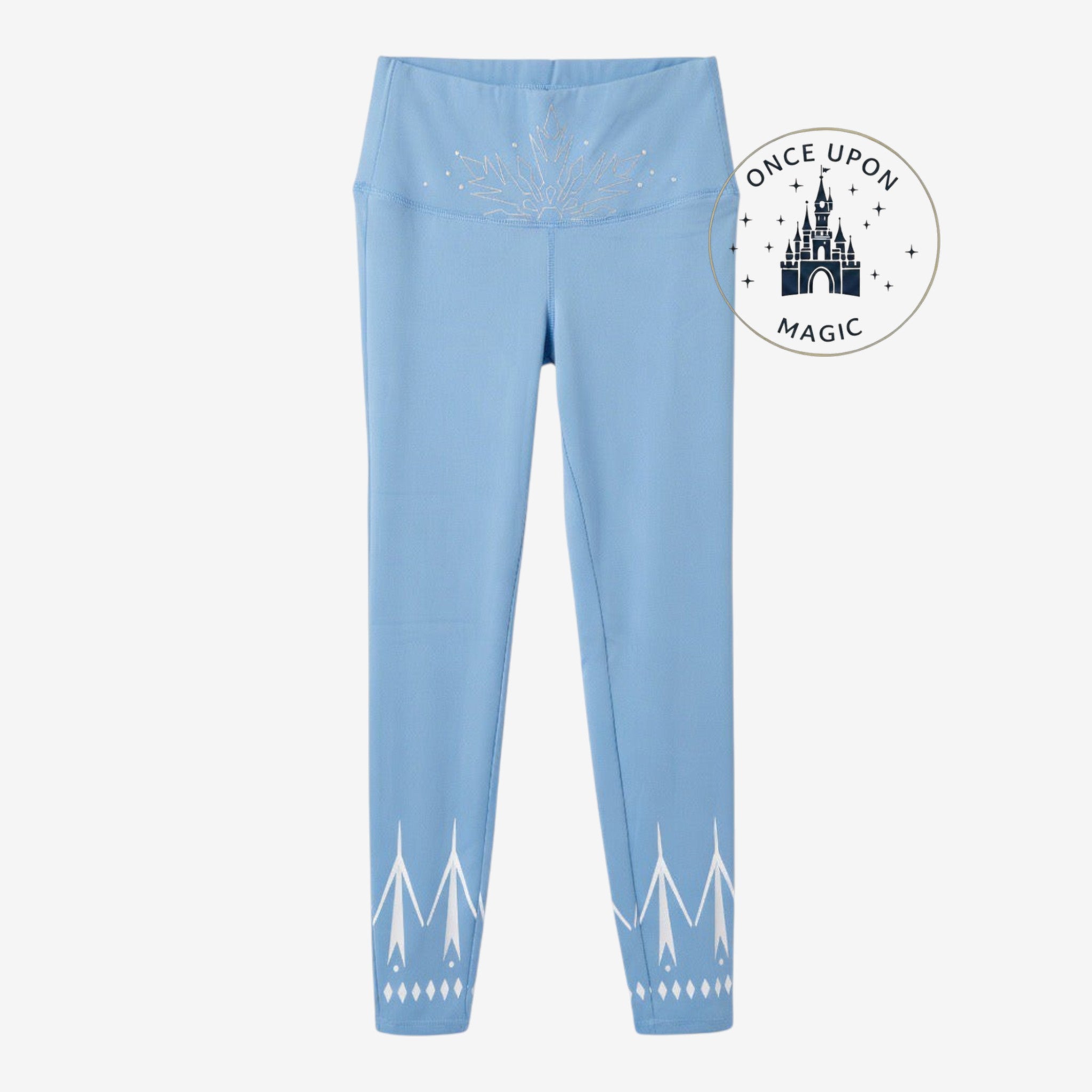 Once Upon Magic icy blue high-waisted athletic leggings with snowflake waistband detail and geometric ankle pattern.