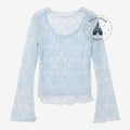 Once Upon Magic icy blue long sleeve mesh top with snowflake pattern, scoop neckline, and lettuce-edge hem.