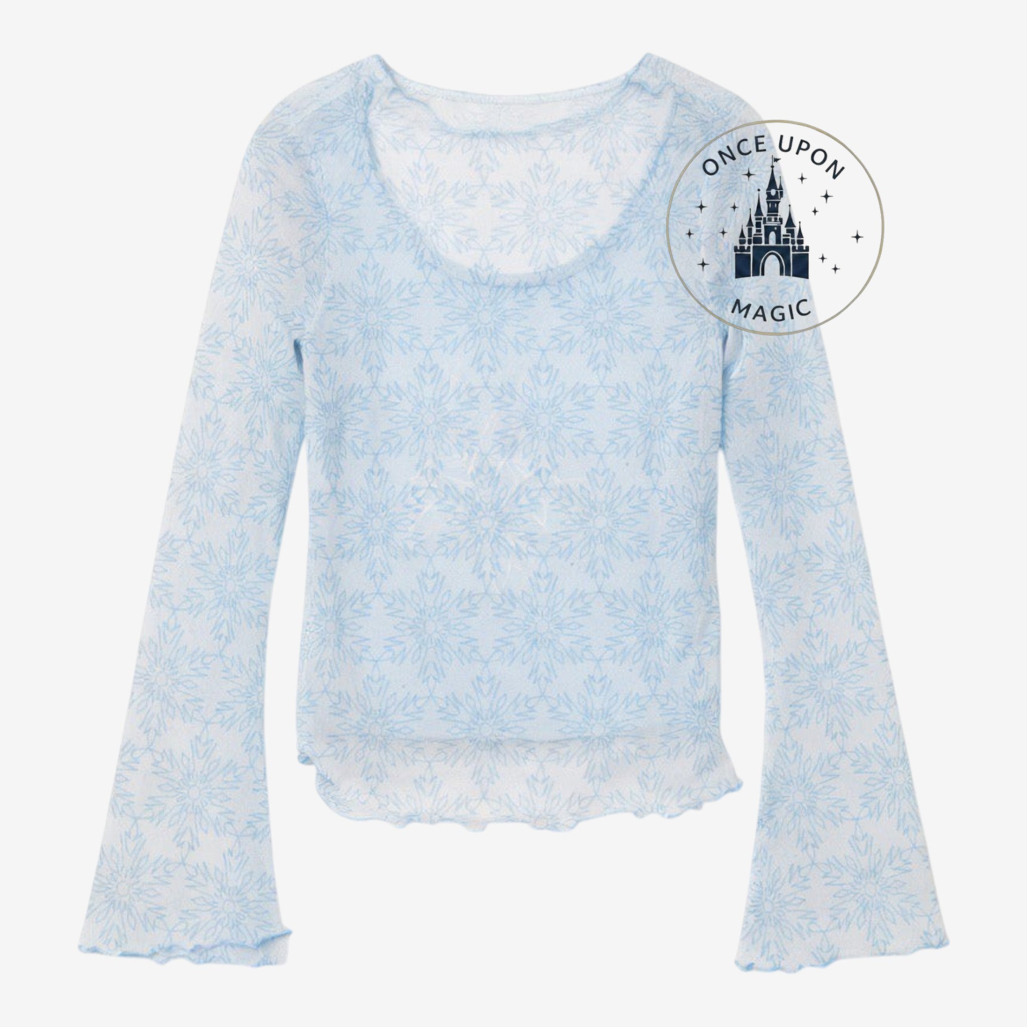 Once Upon Magic icy blue long sleeve mesh top with snowflake pattern, scoop neckline, and lettuce-edge hem.