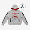 Once Upon Magic grey Spider-Bot Diagnostics hoodie for kids, featuring a red lining, black zip pockets, and tech-inspired graphics with Spider-Man elements.