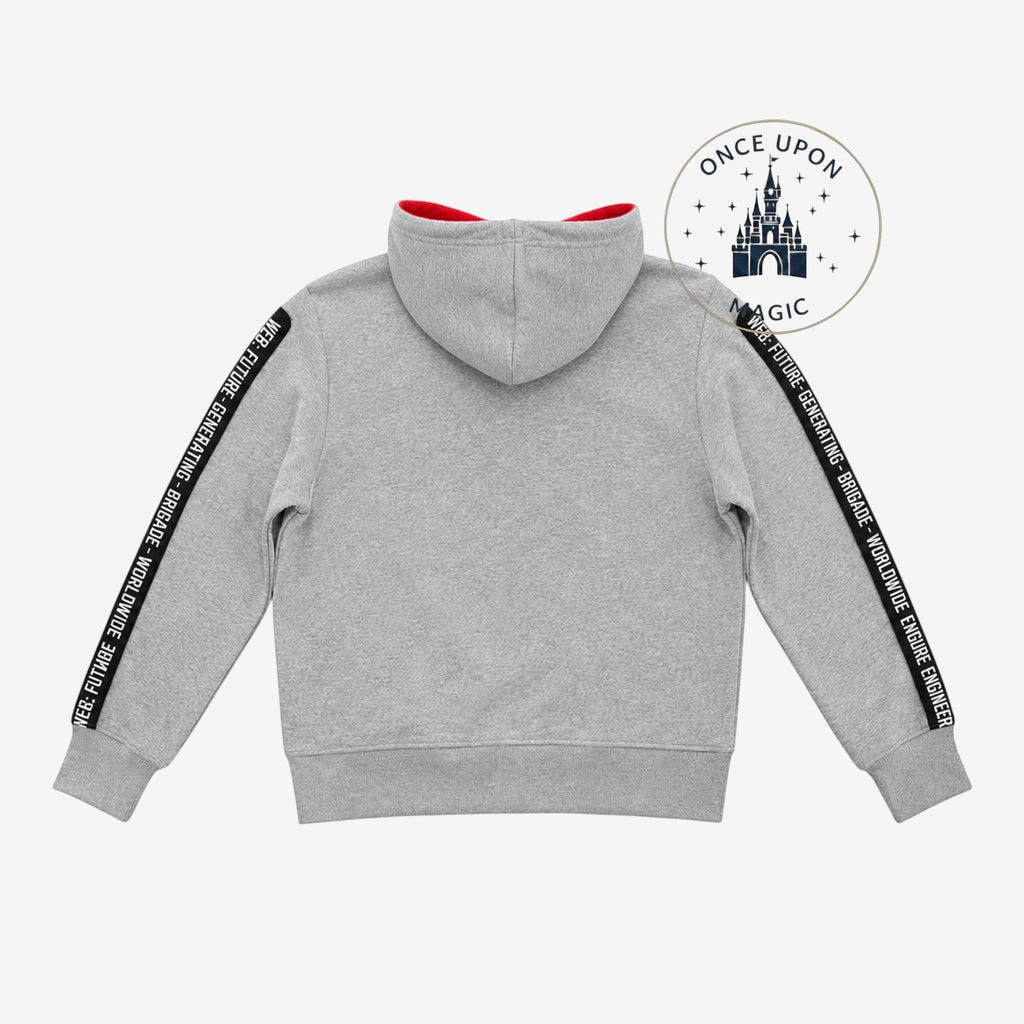 Once Upon Magic grey Spider-Bot Diagnostics hoodie for kids with red lining and "WEB. FUTURE GENERATING BRIGADE WORLDWIDE ENGINEER" text on sleeves.