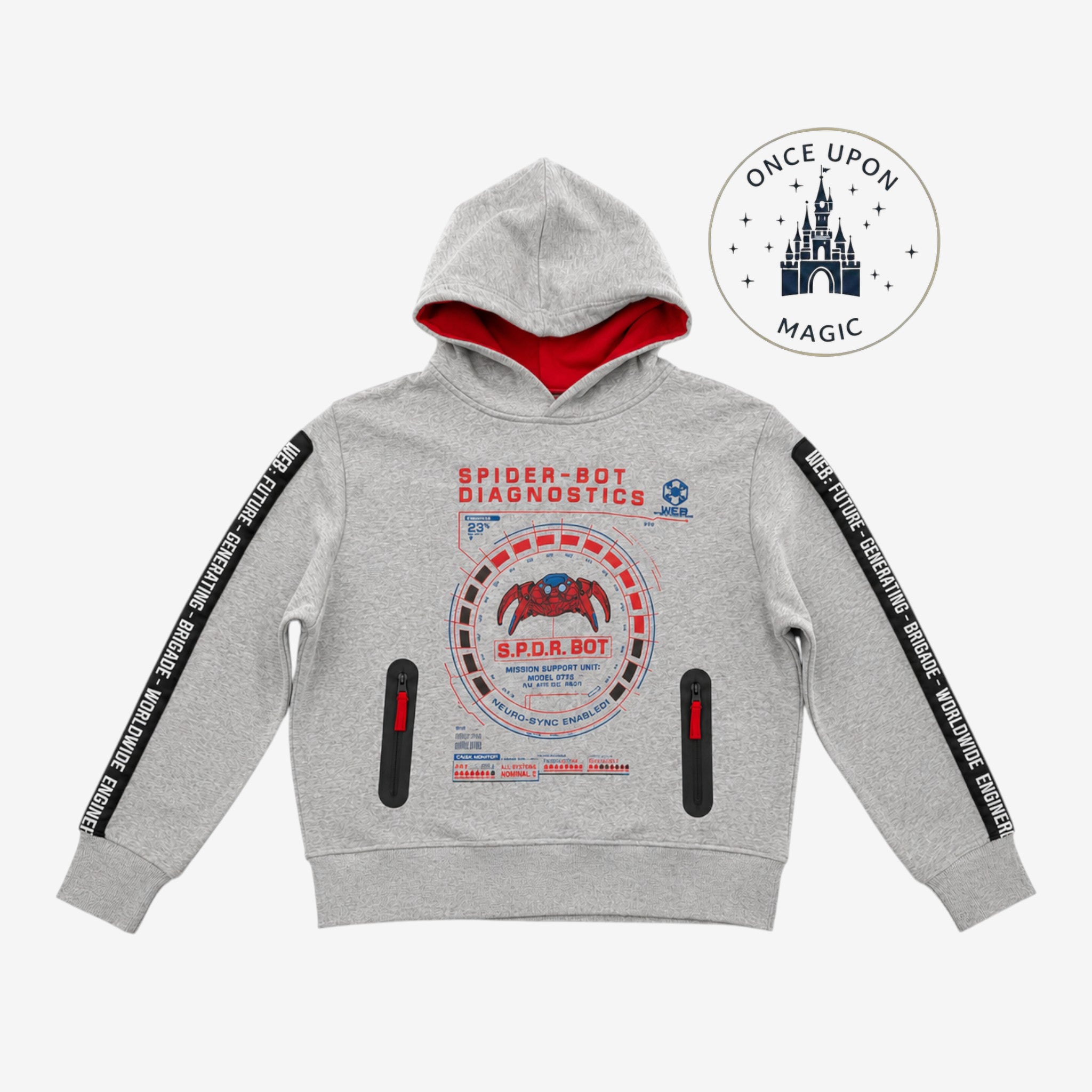 Once Upon Magic grey Spider-Bot Diagnostics hoodie with red lining and black zipper pockets. Features web graphics.