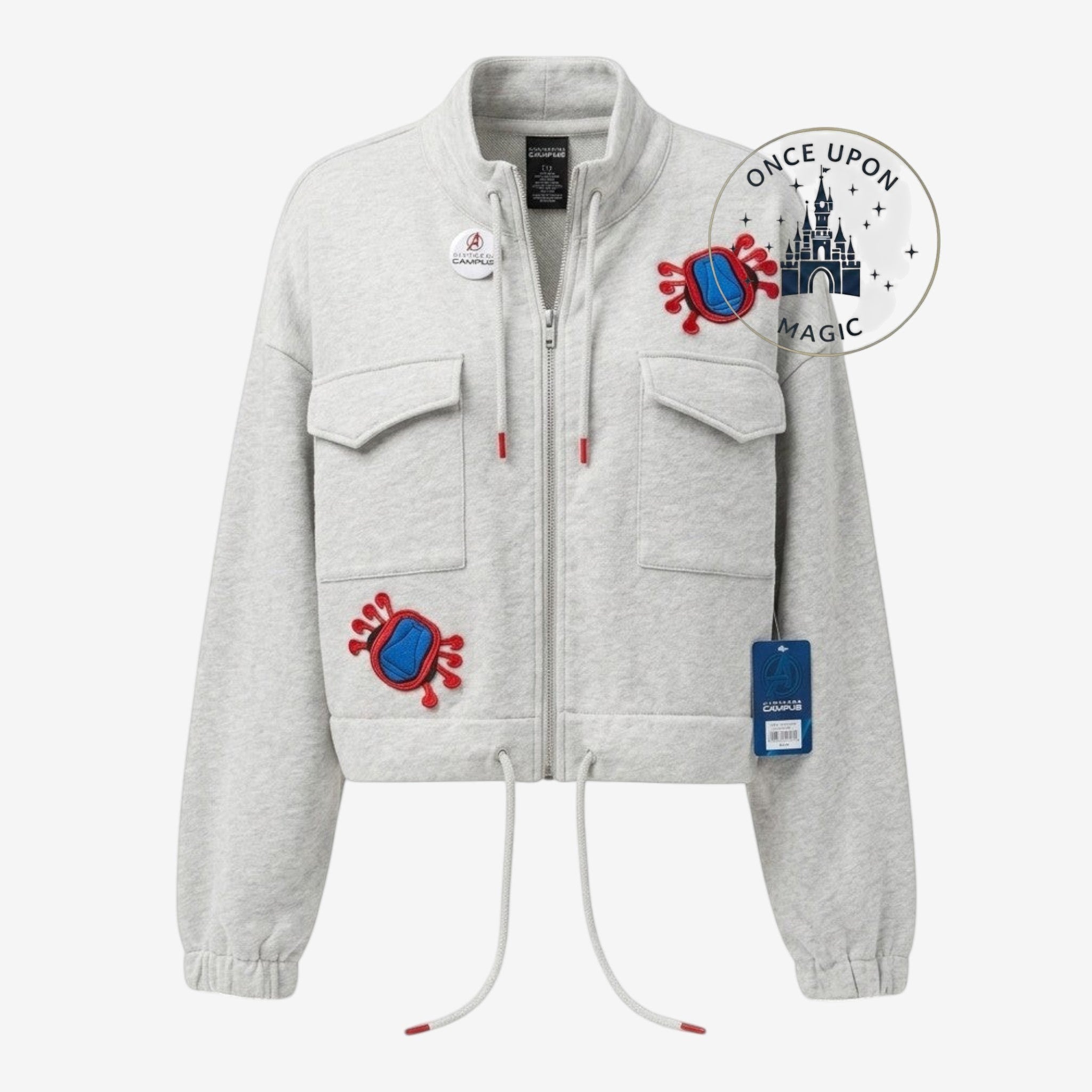 Once Upon Magic grey marled fleece Spider-Man crop zip-up jacket with web appliques and "TEAM WEB" graphic.