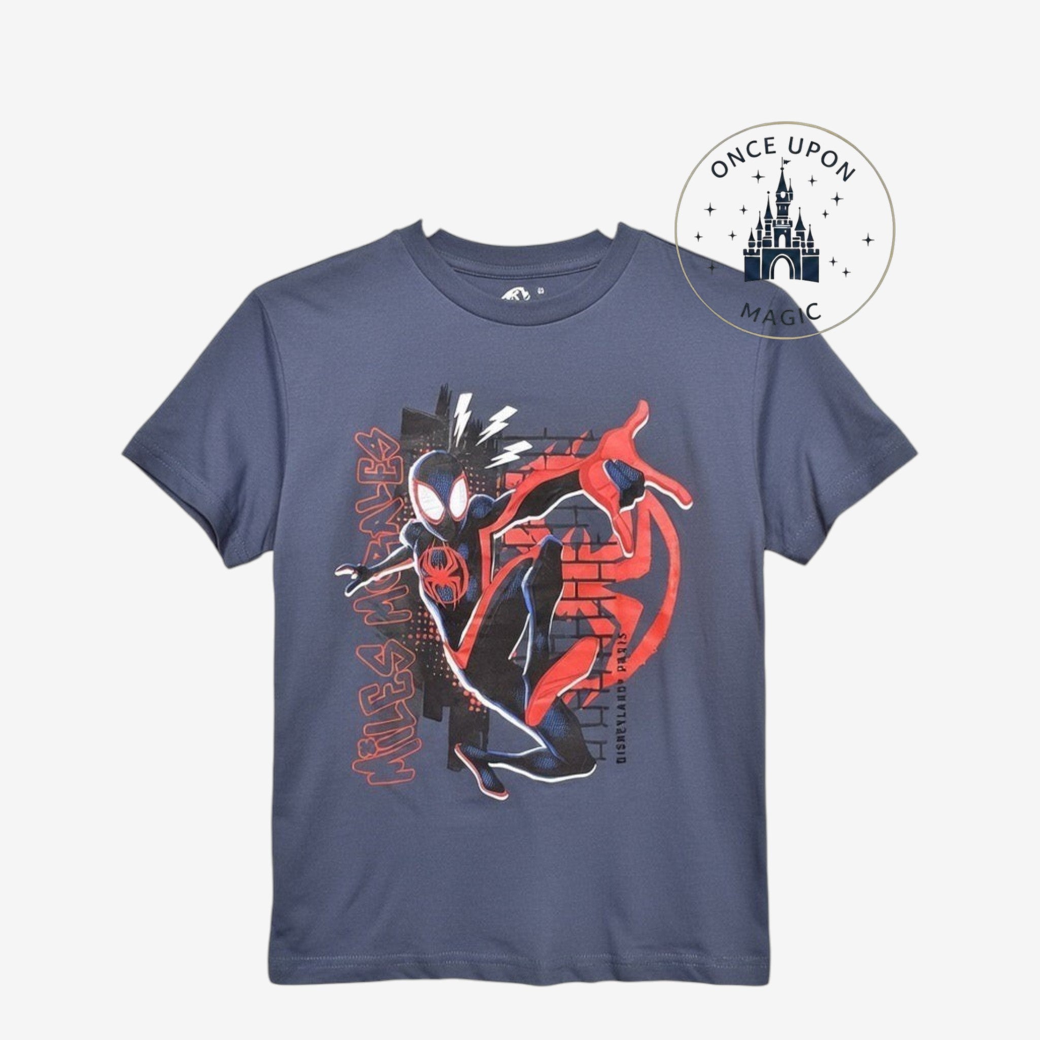 Once Upon Magic blue Marvel Spider-Man t-shirt for kids featuring a dynamic Miles Morales action graphic