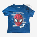 Once Upon Magic blue Spider-Man t-shirt with reversible sequins on the mask. Features text like "Friendly", "Heroic", and "Powerful".