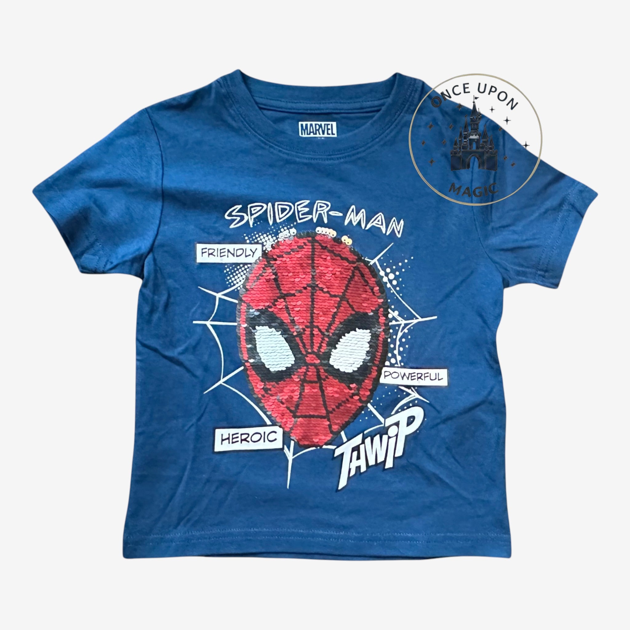 Once Upon Magic blue Spider-Man t-shirt with reversible sequins on the mask. Features text like "Friendly", "Heroic", and "Powerful".