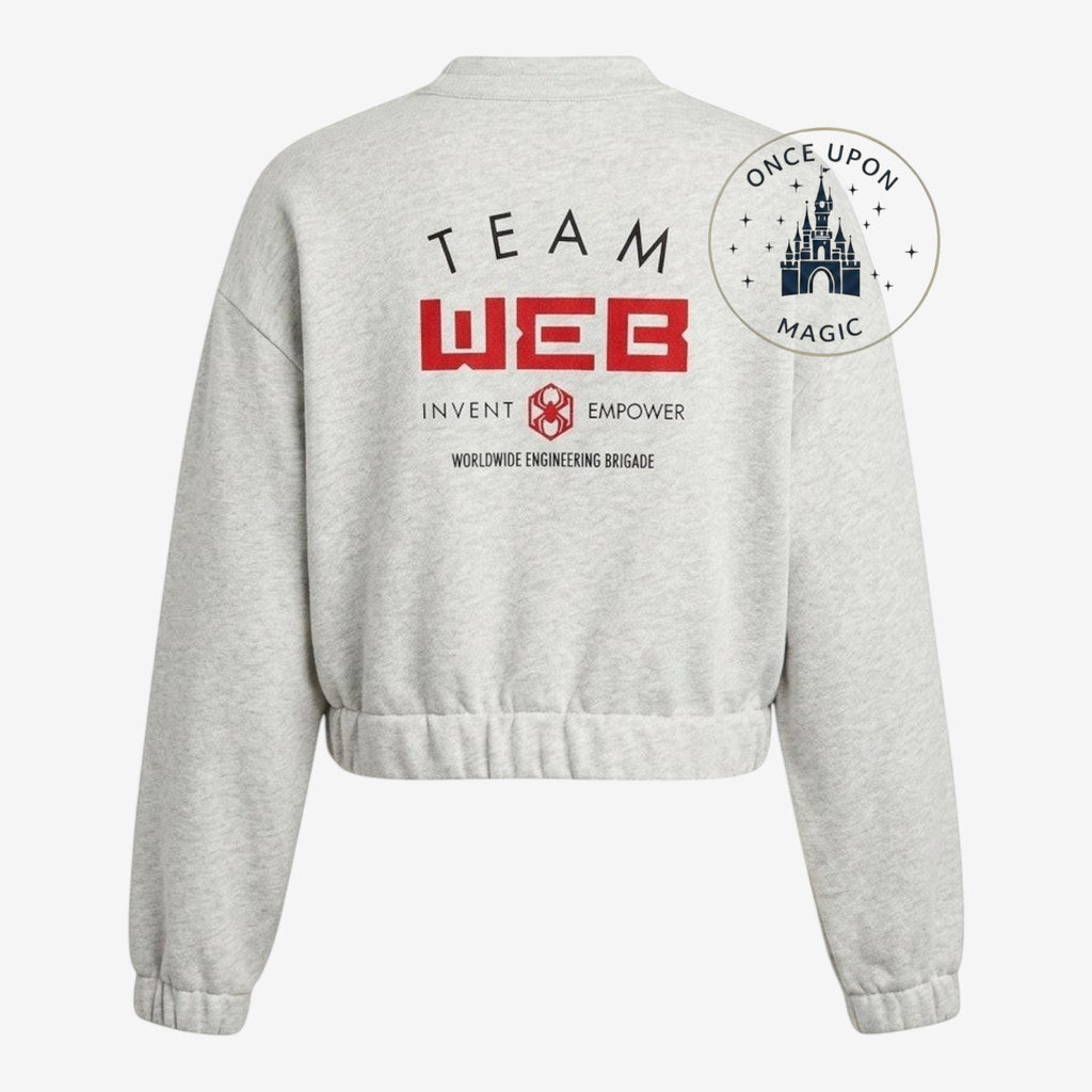 Once Upon Magic grey heathered fleece cropped zip-up jacket with "TEAM WEB" graphic and Spider-Man web appliques.