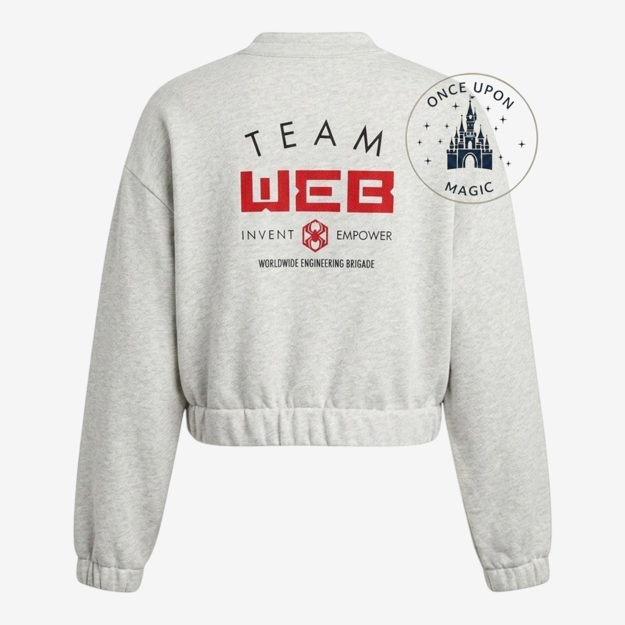 Once Upon Magic grey heathered fleece cropped zip-up jacket with "TEAM WEB" graphic and Spider-Man web appliques.