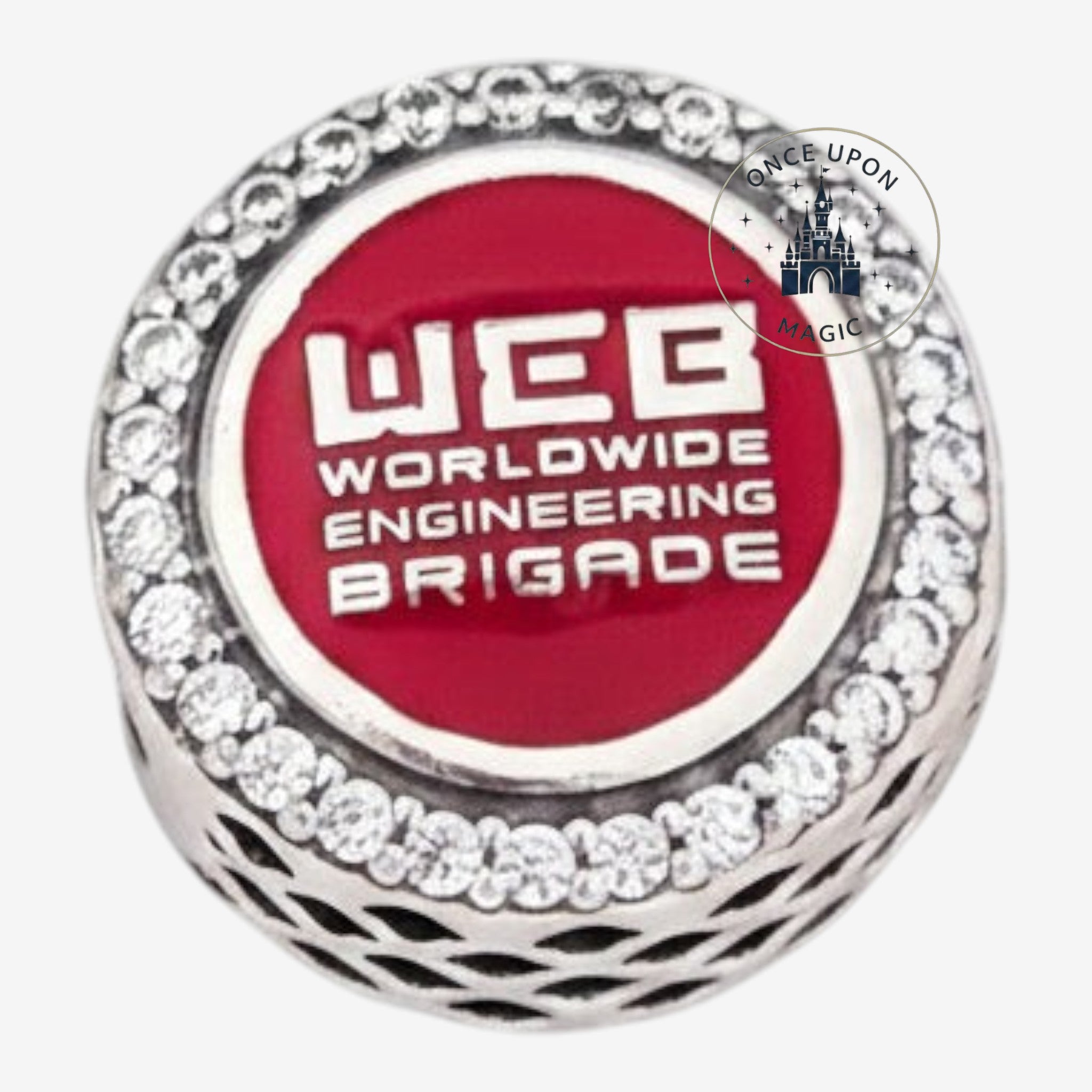 Once Upon Magic Spider-Man WEB Worldwide Engineering Brigade charm with red enamel and crystals on a silver bracelet