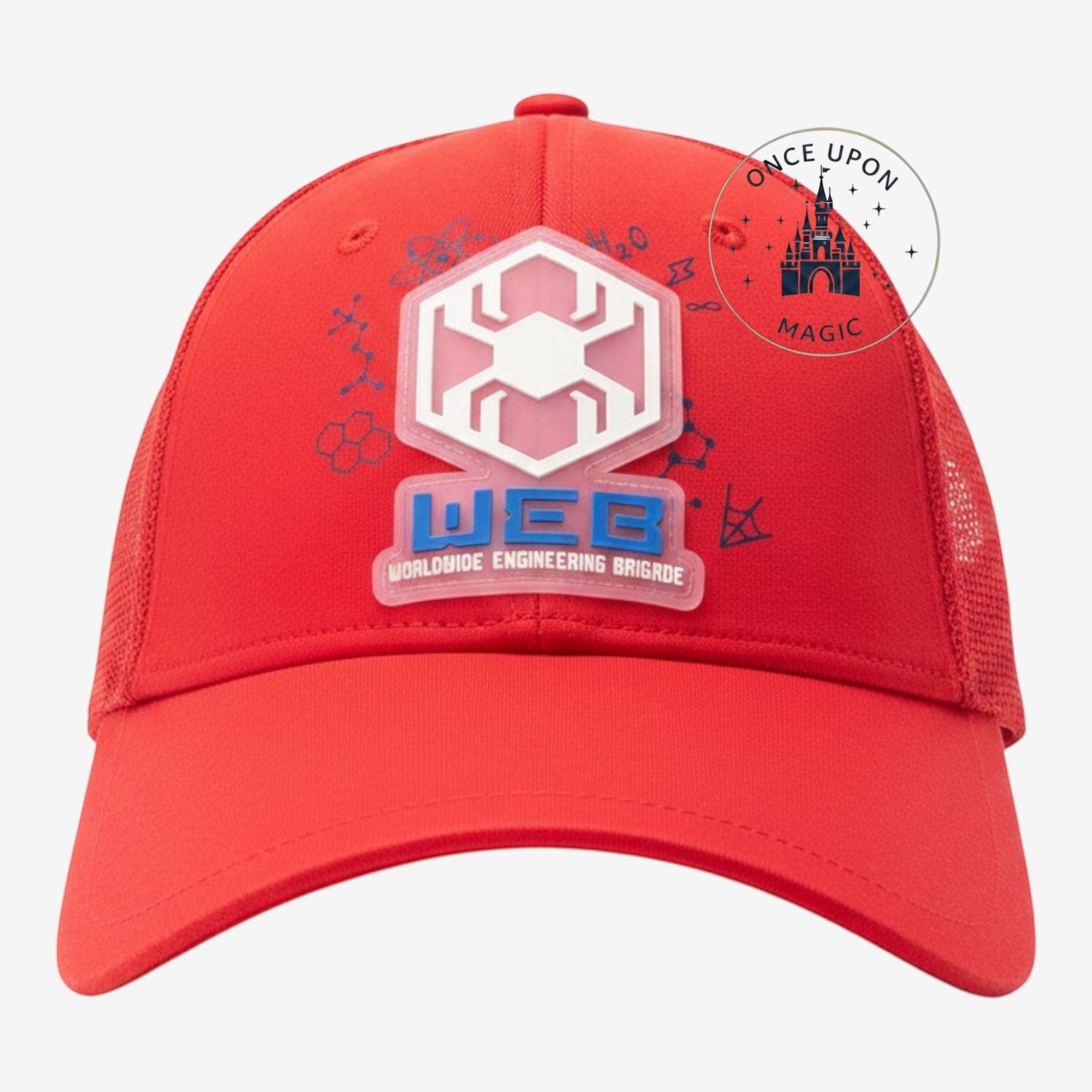 Once Upon Magic red Spider-Man Web Engineering Brigade trucker hat with Spider-Bot logo and blue WEB text.