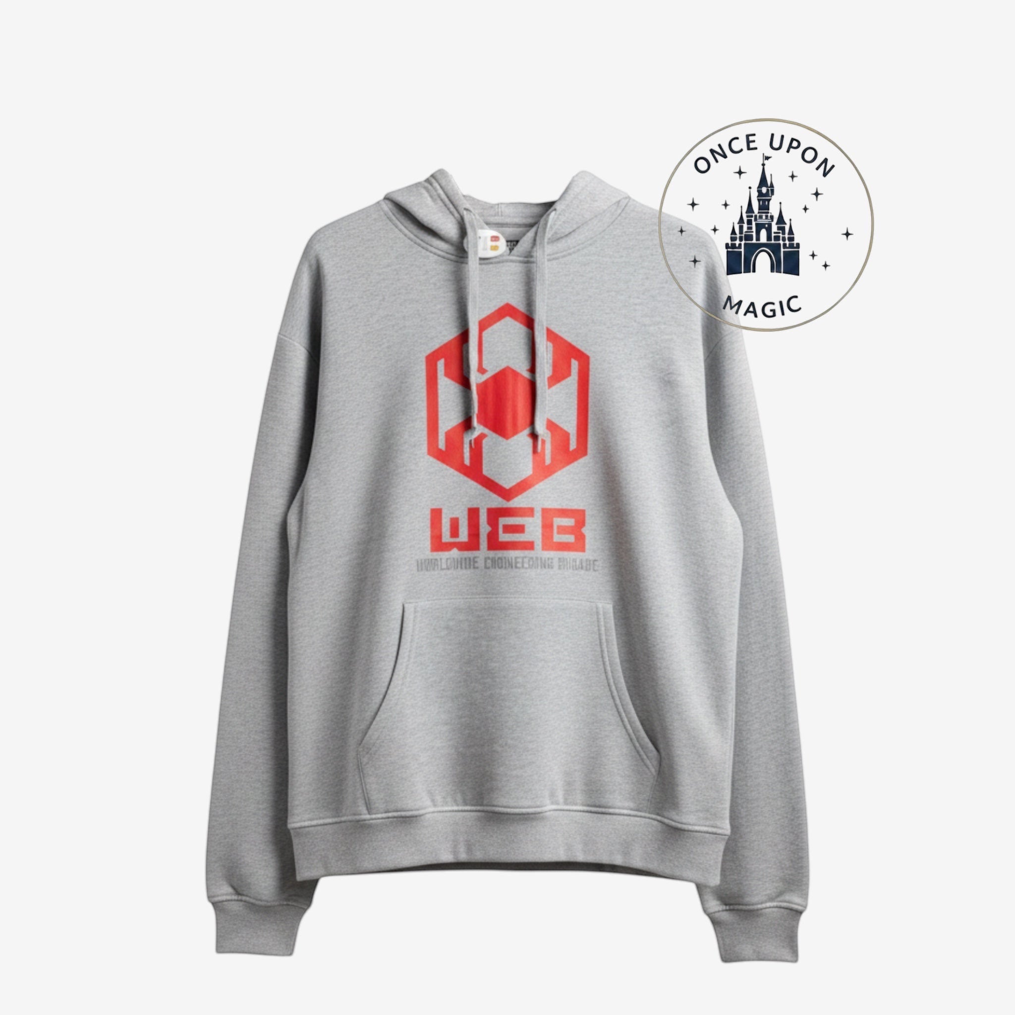 Once Upon Magic grey cotton Spider-Man WEB hoodie with red graphic logo and text. Features a front pocket and hood.