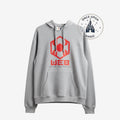 Once Upon Magic grey cotton Spider-Man WEB hoodie with red graphic logo and text. Features a hood and front pocket.
