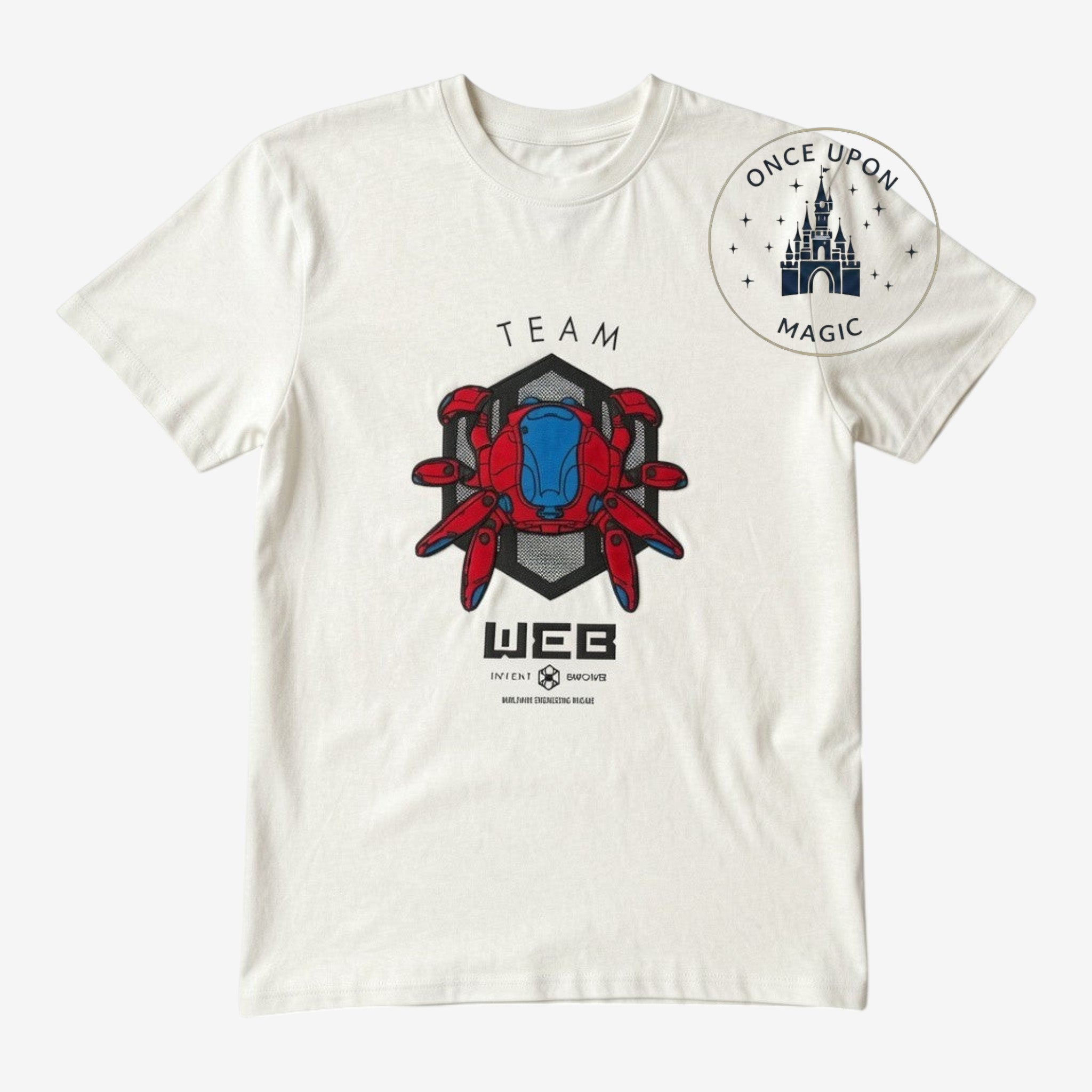Once Upon Magic white cotton t-shirt with a red and blue Spider-Man Web graphic and "TEAM WEB" text.