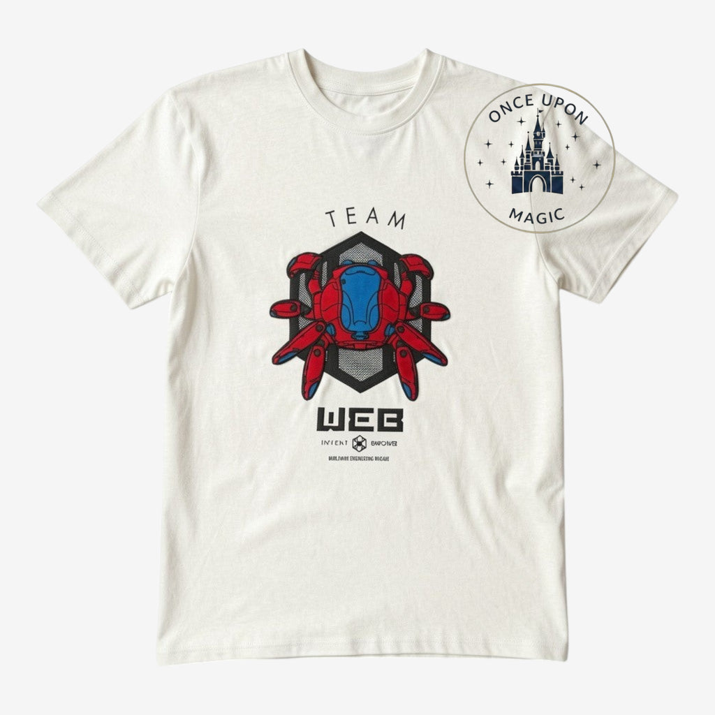 Once Upon Magic white cotton t-shirt with a red and blue Spider-Man Web graphic and "TEAM WEB" text.