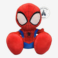 Once Upon Magic Spider-Man Big Feet plush toy, red and blue costume, sitting pose, large padded feet, iconic web design.